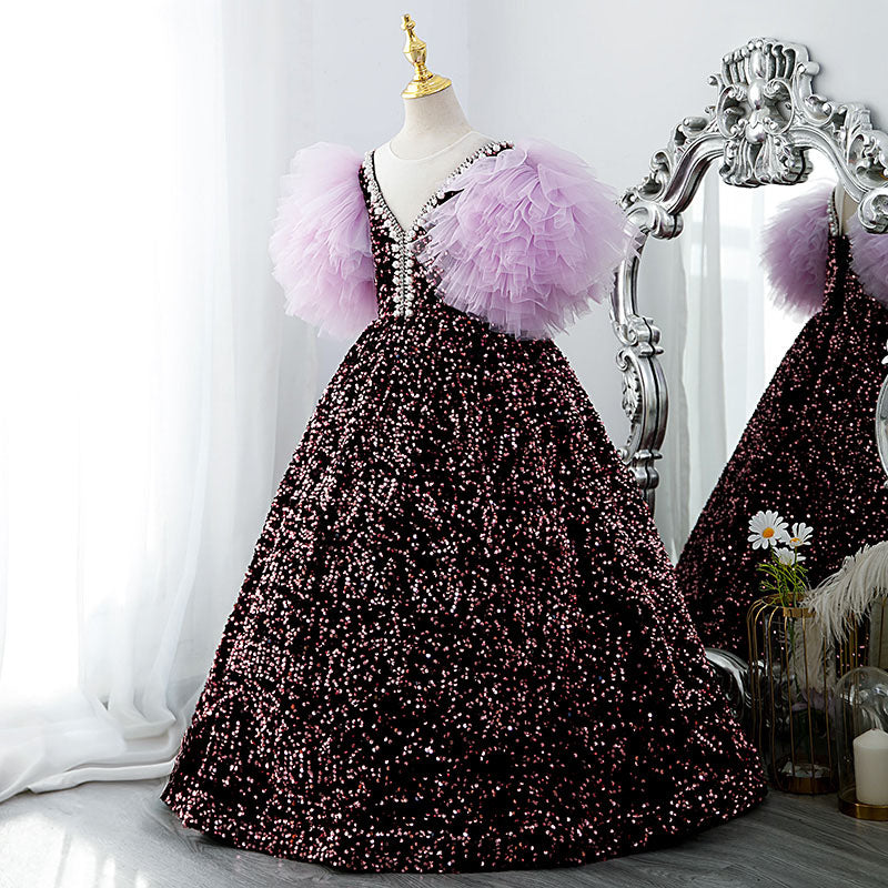 Toddler Ball Gowns Girl Communion Purple Sequin Long Puff Sleeves Princess Pageant Dress