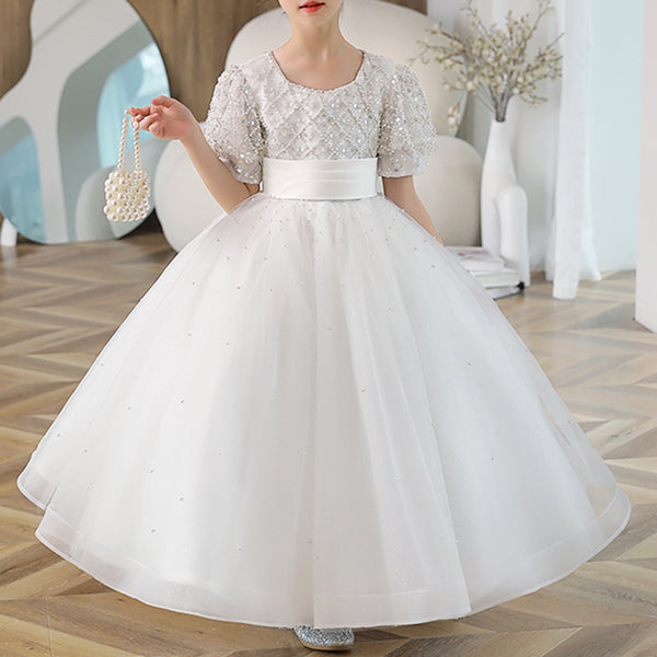 Baby Girl White Puff Sleeves Birthday Party Princess Dress