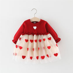 Baby Girl Long-sleeved Mesh Love Princess Party Dresses Infant Formal Dresses