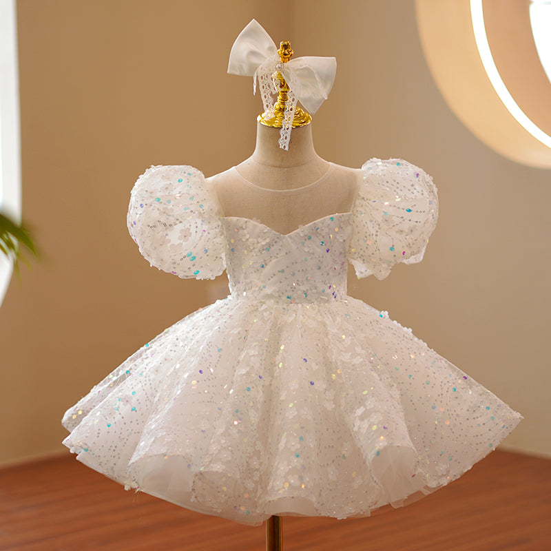 Baby Girl Formal Princess Dress Girl Summer White Puff Sleeve Sequin Birthday Party Dress