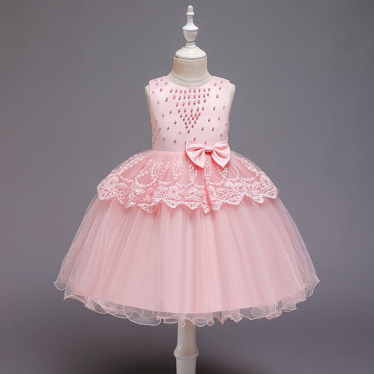 Girl Christmas Dress Baby Girl Birthday Party Dresses Toddler Round-neck Beaded Puffy Prom Dress