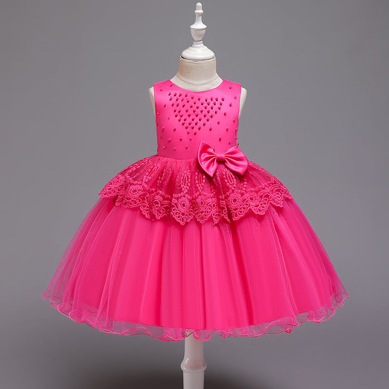 Girl Christmas Dress Baby Girl Birthday Party Dresses Toddler Round-neck Beaded Puffy Prom Dress