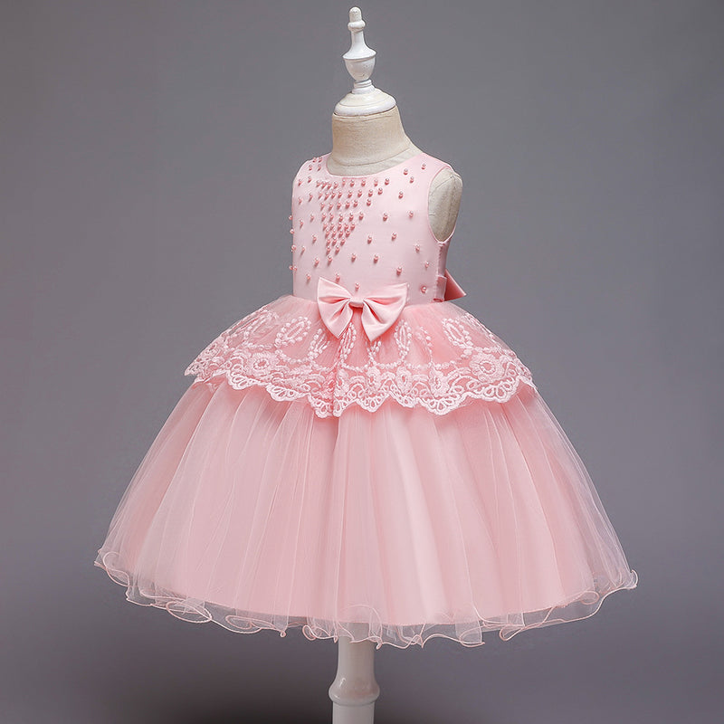 Girl Christmas Dress Baby Girl Birthday Party Dresses Toddler Round-neck Beaded Puffy Prom Dress