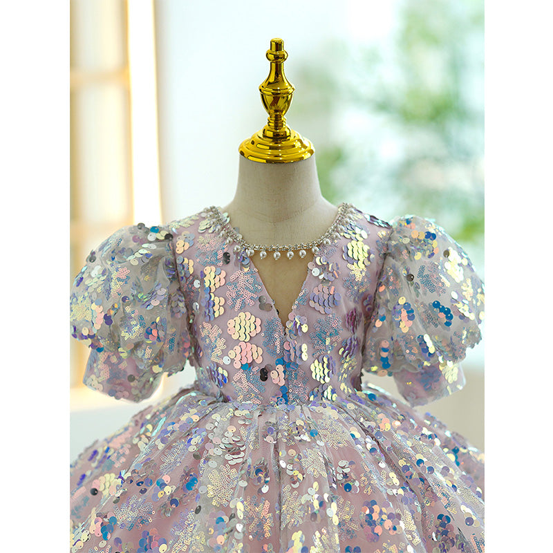 Toddler Ball Gowns Flower Girl Summer Pink Beaded Sequin Puffy Princess Dress
