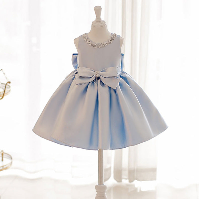 Baby Girl Birthday Dresses Toddler Cute Bead Collar Bow-knot Puffy Princess Dress