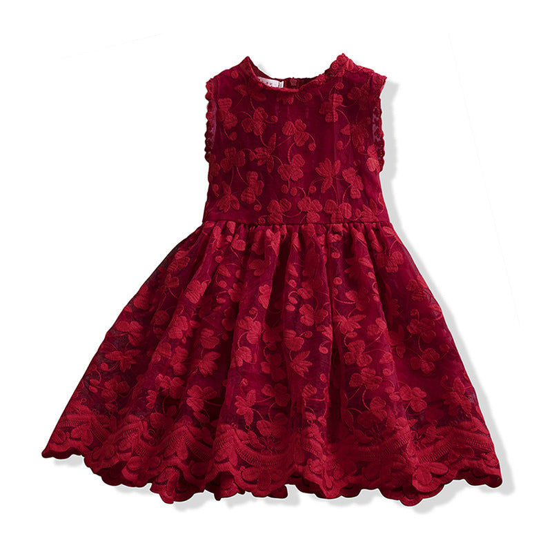 Girl Princess Dress Red Lace Sleeveless Girls Dress Birthday Party Dress