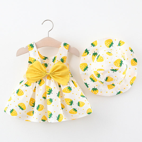 Summer Arrival Strawberry Pattern Short Sleeves Crew Neck Dress for Stylish Girls