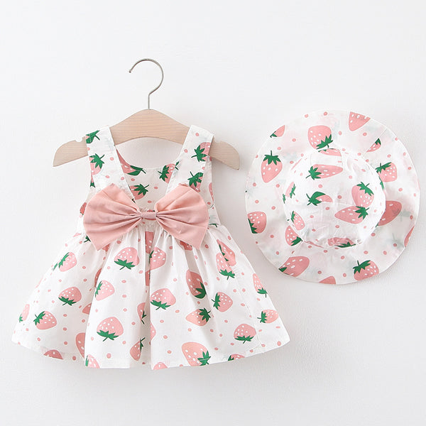 Summer Arrival Cherry and Butterfly-bow Pattern Short Sleeves Dress for Stylish Girls