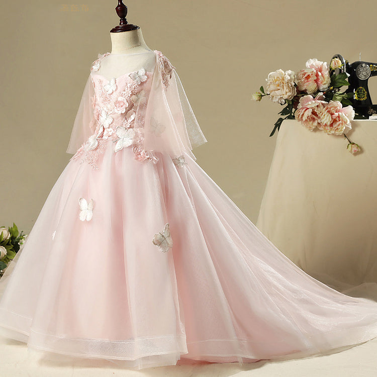 Flower Girls Dress Toddler Embroidery Butterfly Wedding Birthday Grace Trailing Dress