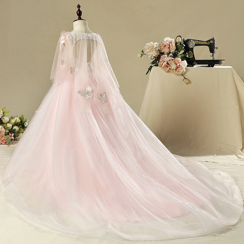 Flower Girls Dress Toddler Embroidery Butterfly Wedding Birthday Grace Trailing Dress