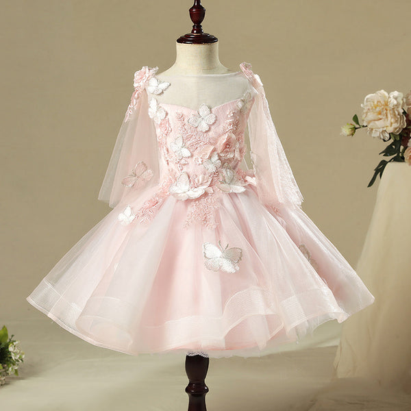 Flower Girls Dress Toddler Embroidery Butterfly Wedding Birthday Grace Trailing Dress