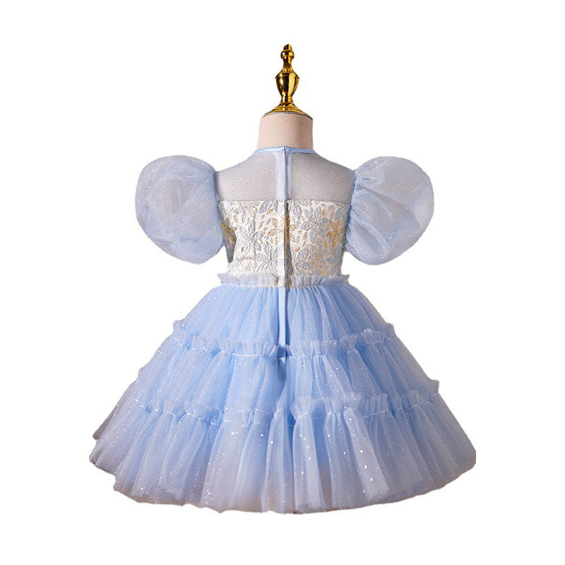 Baby Girl Summer Blue Printed Puffy Princess Party Dress