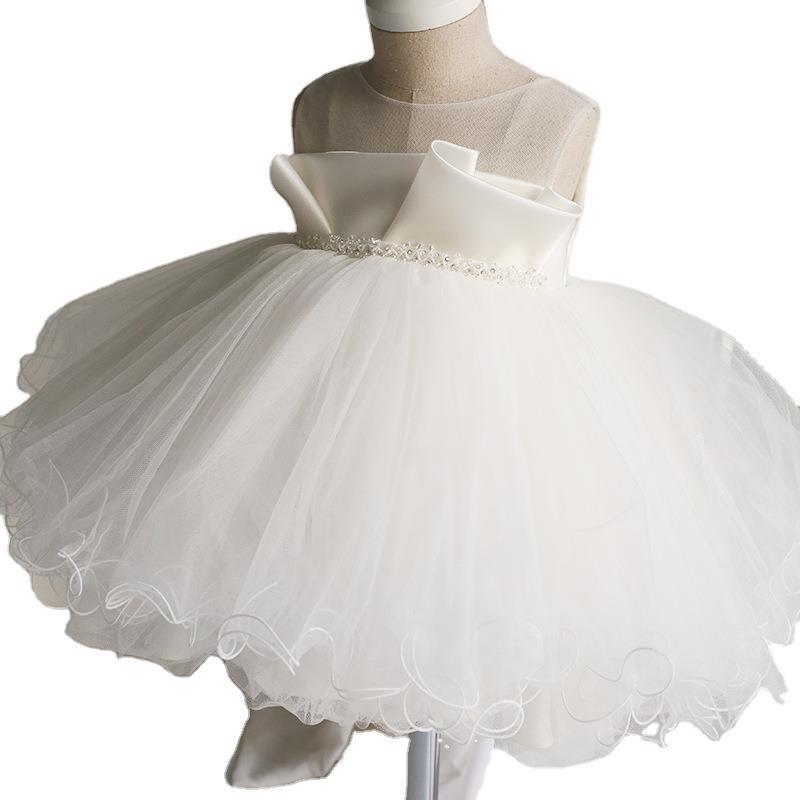 Flower Girl Dresses Baby Girl Summer White Bow Sleeveless Round Neck Puffy Formal Dresses