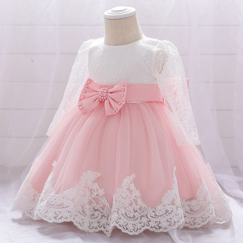 Infant Princes Dresses Easter Dress  Baby Girl Lace Long Sleeve Bow Knot Fluffy Mesh Birthday Party Dress