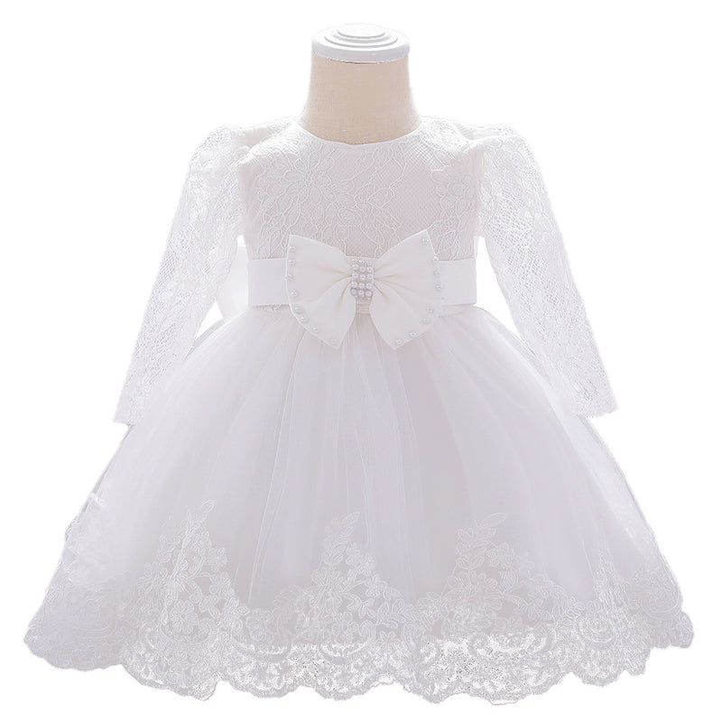 Infant Princes Dresses Easter Dress  Baby Girl Lace Long Sleeve Bow Knot Fluffy Mesh Birthday Party Dress