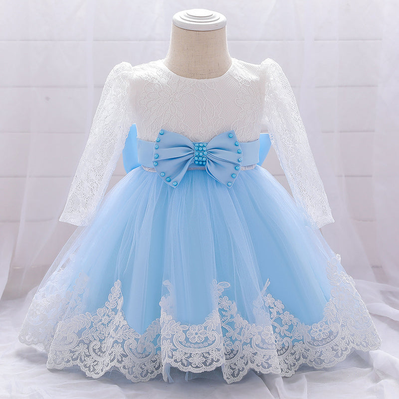 Infant Princes Dresses Easter Dress  Baby Girl Lace Long Sleeve Bow Knot Fluffy Mesh Birthday Party Dress