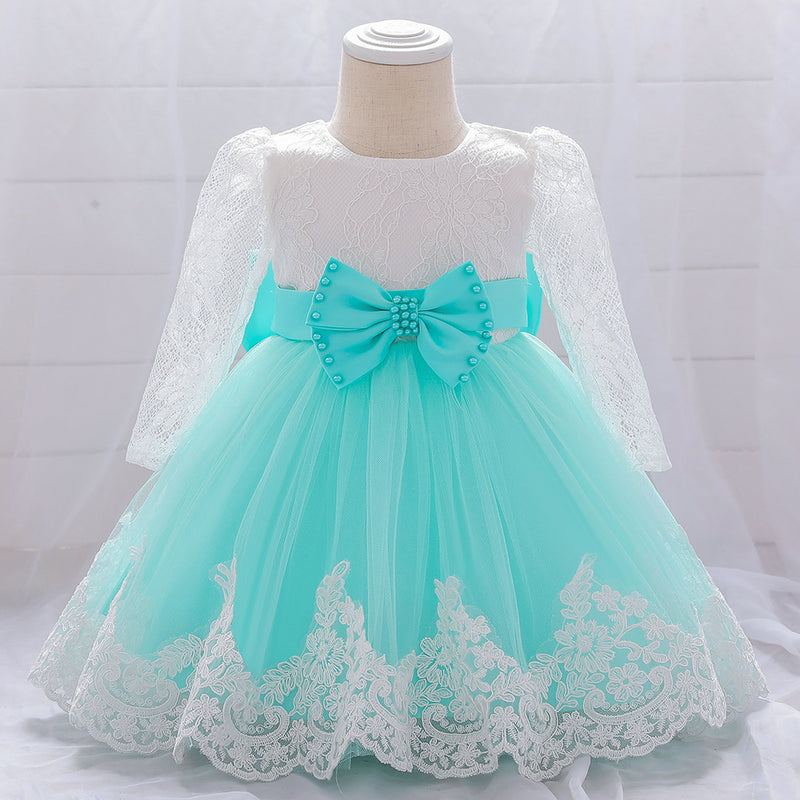 Infant Princes Dresses Easter Dress  Baby Girl Lace Long Sleeve Bow Knot Fluffy Mesh Birthday Party Dress