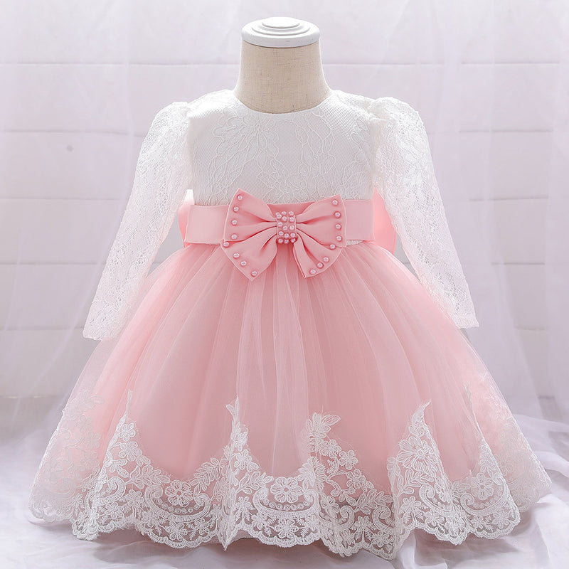 Infant Princes Dresses Easter Dress  Baby Girl Lace Long Sleeve Bow Knot Fluffy Mesh Birthday Party Dress