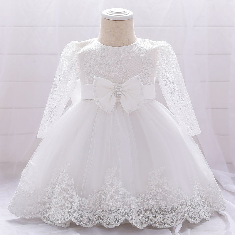 Infant Princes Dresses Easter Dress  Baby Girl Lace Long Sleeve Bow Knot Fluffy Mesh Birthday Party Dress