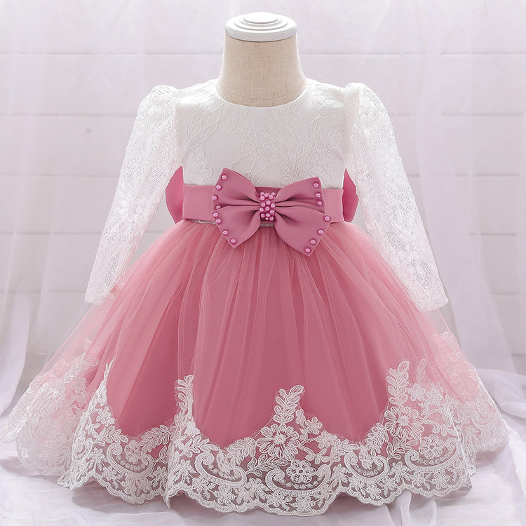 Infant Princes Dresses Easter Dress  Baby Girl Lace Long Sleeve Bow Knot Fluffy Mesh Birthday Party Dress