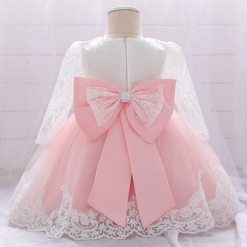 Infant Princes Dresses Easter Dress  Baby Girl Lace Long Sleeve Bow Knot Fluffy Mesh Birthday Party Dress