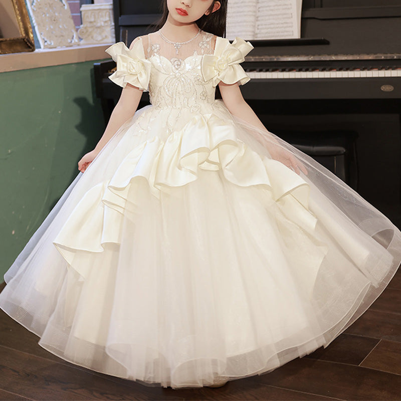 pretty princess communion dresses Puffed Sleeves Lace and Satin First Communion Dress Celestial 3302 Pre-order 2-3 years / As in the photo (Ivory)