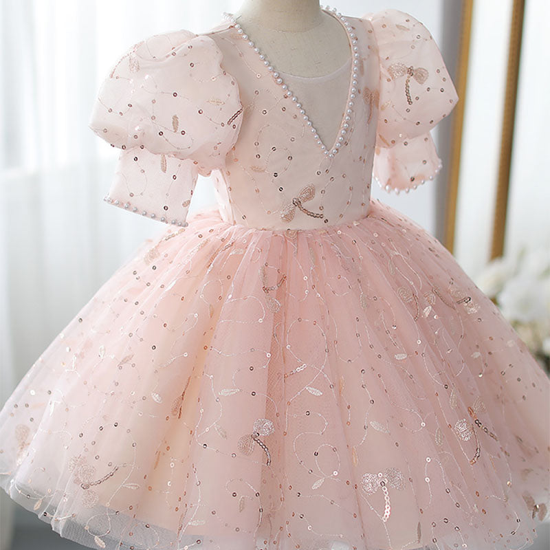 Flower Girl Dress Toddler Easter Summer Pink Sequin Puff Sleeve Princess Dress