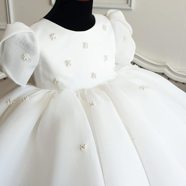 Baptism Dresses Baby Girl Summer White Sweet Pearl Flower Girl Dress Christening Dress