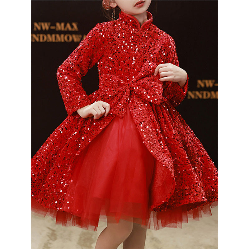 Toddler Girl Winter Red Sequin Bow Fluffy Princess Dress