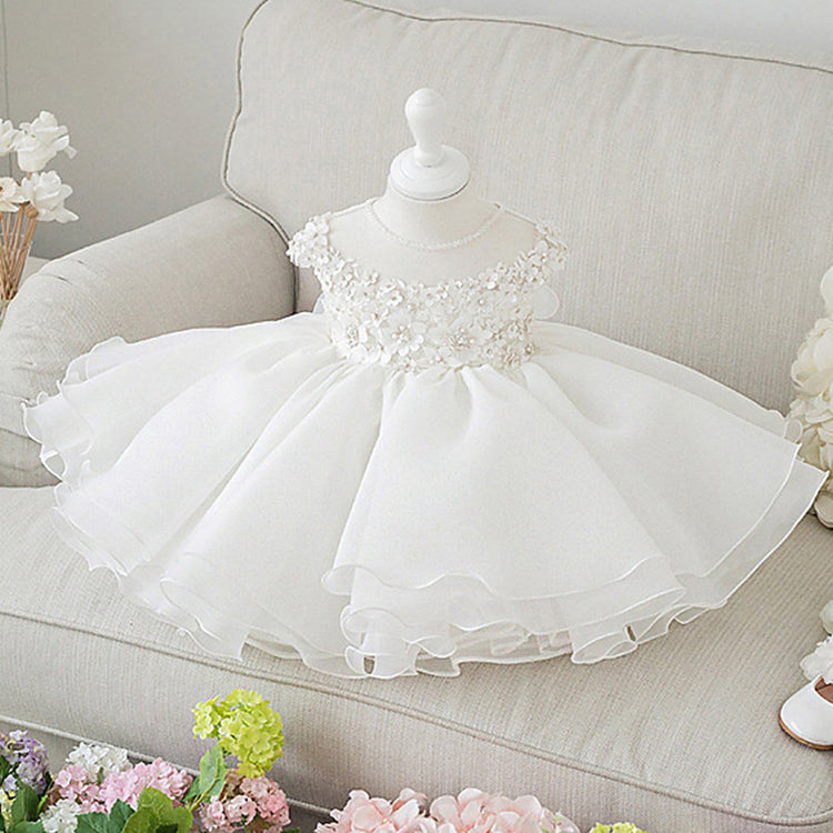 Baptism Dresses Baby Girl Summer White Bead Flower Girl Dress Christening Dresses