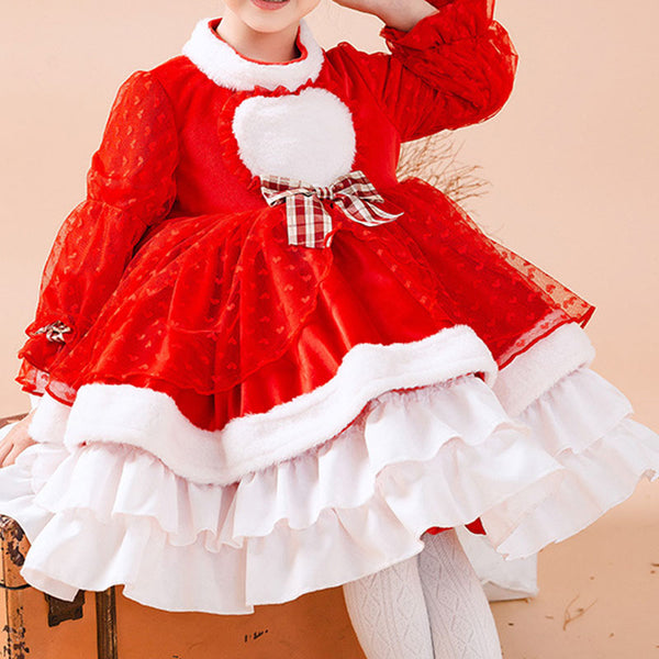 Baby Girl Dress Toddler Prom Princess Winter Red  Lace Plush Fluffy Birthday Party Dress