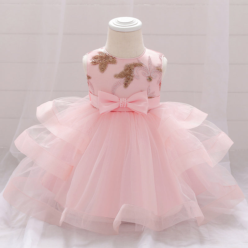 Infant Formal Dresses Baby Girl Cute Sleeveless Embroidery Bow Fluffy Ball Gowns Princess Dresses