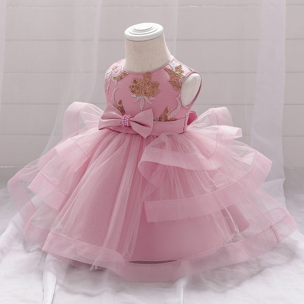 Infant Formal Dresses Baby Girl Cute Sleeveless Embroidery Bow Fluffy Ball Gowns Princess Dresses