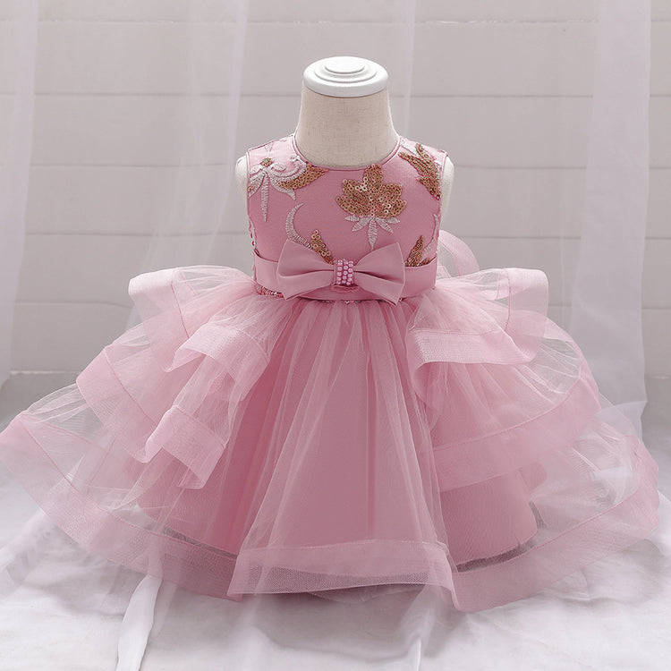 Infant Formal Dresses Baby Girl Cute Sleeveless Embroidery Bow Fluffy Ball Gowns Princess Dresses