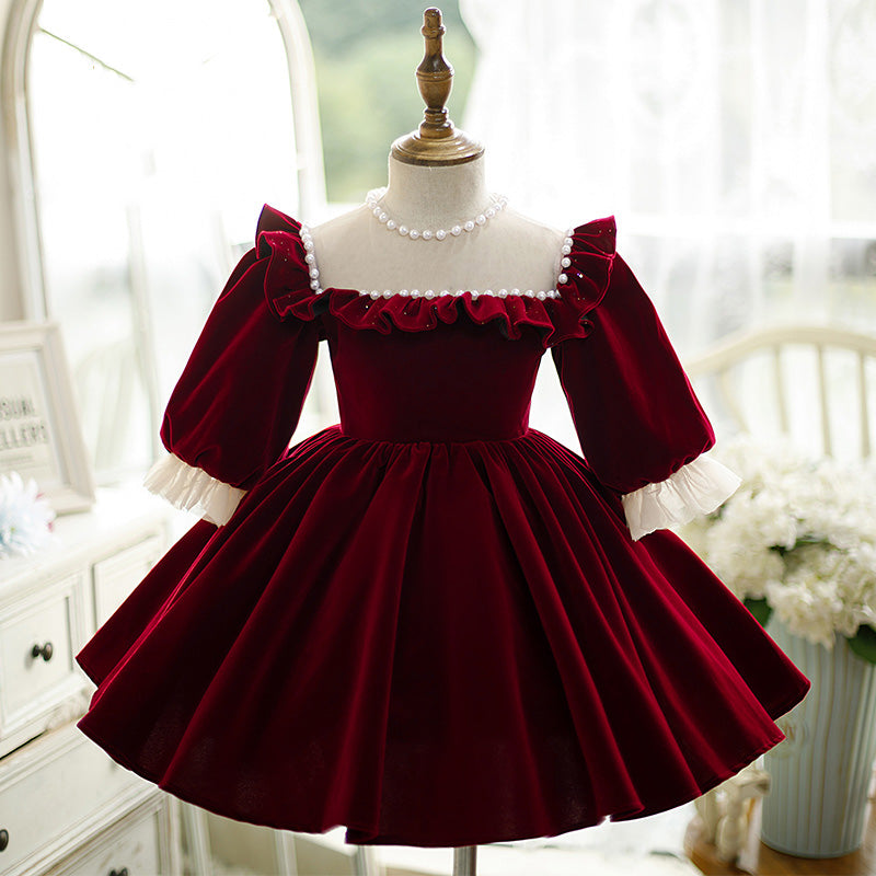 Girl Christmas Dress Flower Girl Dress Toddler Ball Gowns Winter Retro Palace Red Embroidered Princess Dress