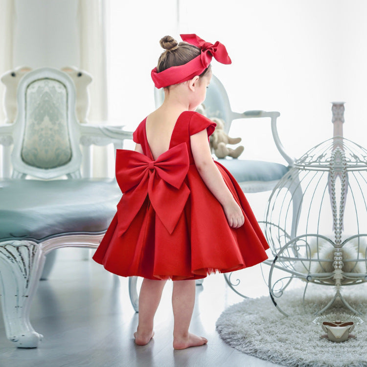 Baby Girl Cute Princess Party Red Backless Bow Cake Dress