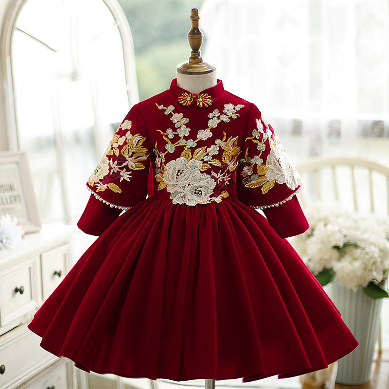 Girl Christmas Dress Flower Girl Dress Toddler Ball Gowns Winter Retro Palace Red Embroidered Princess Dress