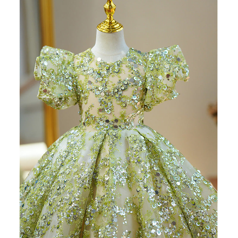 Toddler Ball Gowns Flower Girl Communion Summer Green Sequin Mesh Pageant Princess Dress