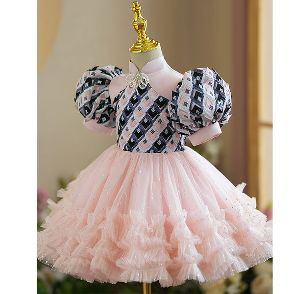 Toddler Prom Dress Girl Summer Beauty Pageant Stand Collar Puff Sleeve Princess Dress