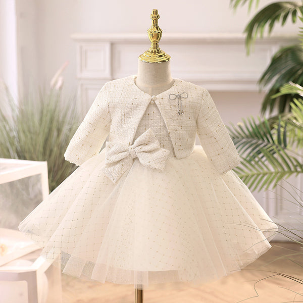 Baby Girl Birthday Party Dresses Girl Winter White Long Sleeve Puffy Formal Dresses