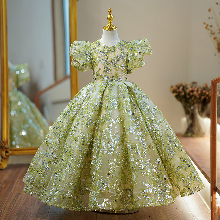 Toddler Ball Gowns Flower Girl Communion Summer Green Sequin Mesh Pageant Princess Dress