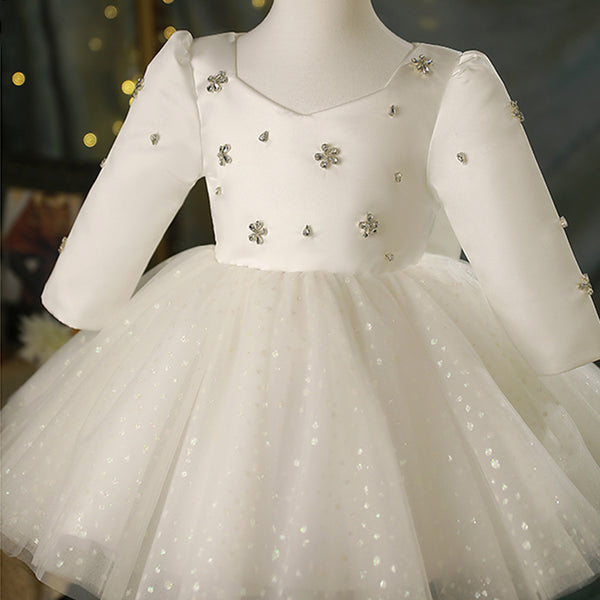 Baby Girl Dress Toddler White Long Sleeve Sequin Flower Girl Dress Fluffy Princess Christening Dress