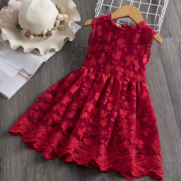 Girl Princess Dress Red Lace Sleeveless Girls Dress Birthday Party Dress