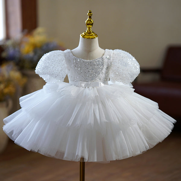Toddler Prom Dress Flower Girl Dress Christening Princess Baptism Puff Sleeve Sequin Fluffy Party Dress