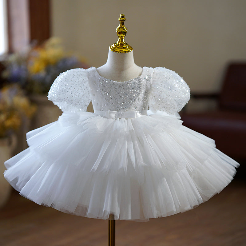 Toddler Prom Dress Flower Girl Dress Christening Princess Baptism Puff Sleeve Sequin Fluffy Party Dress, White / 5-6 Years (130cm) Toddler Prom Dress Flower Girl Dress Christening Princess Baptism Puff Sleeve Sequin Fluffy Party Dress, White / 5-6 Years (130cm)
