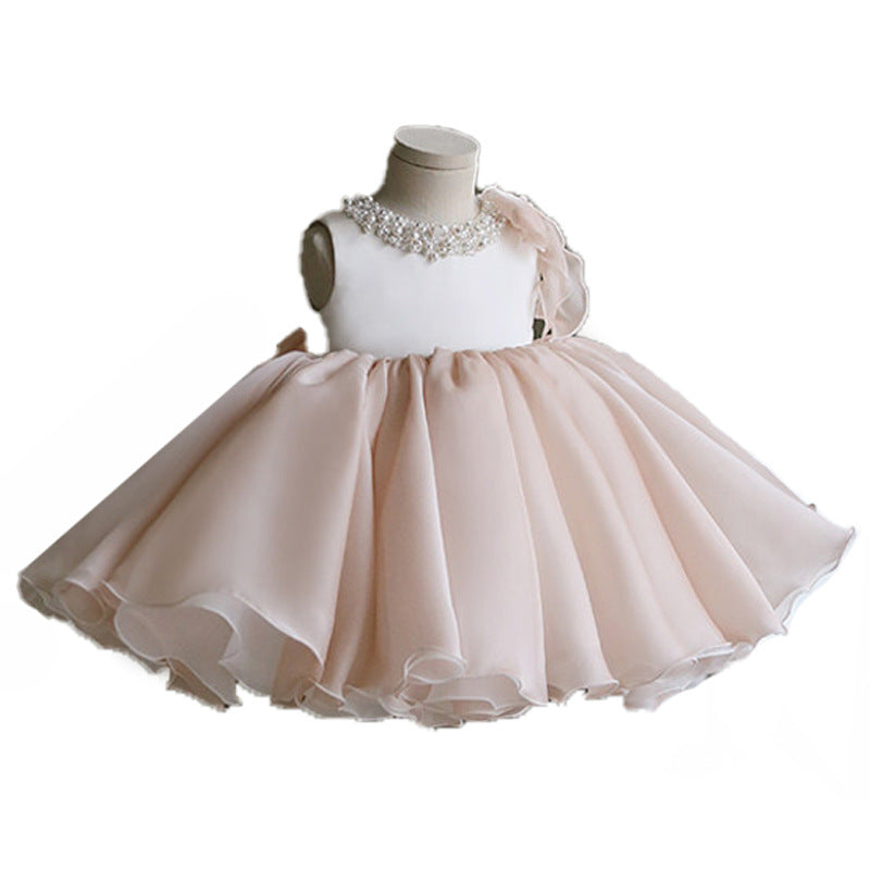 Baby Girl Birthday Party Dress Toddler Beaded Round Neck Sleeveless Puffy Formal Princess Dress