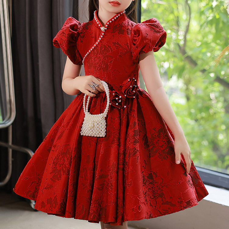 Toddler Girl Summer Red Vintage Print Beaded Birthday Party Princess Dress