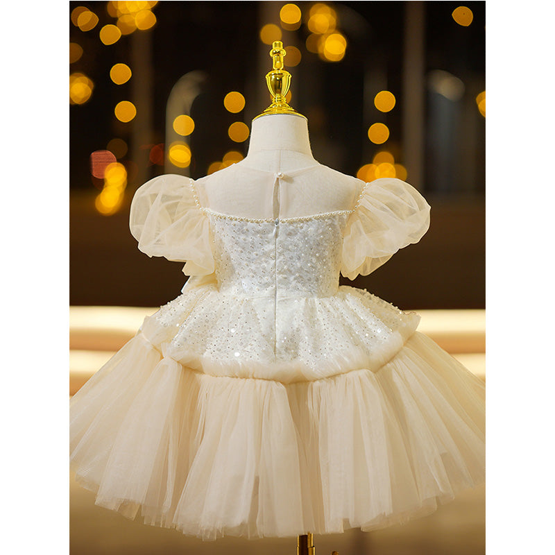 Flower Girl Dress Toddler Baptism Princess Puff Sleeve Beaded Mesh Fluffy Dress