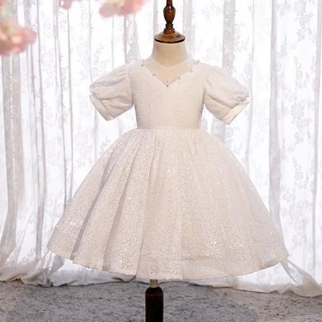Baby Girl Christening Dress White Princess Dress Sequins Puffy Baptism Dress