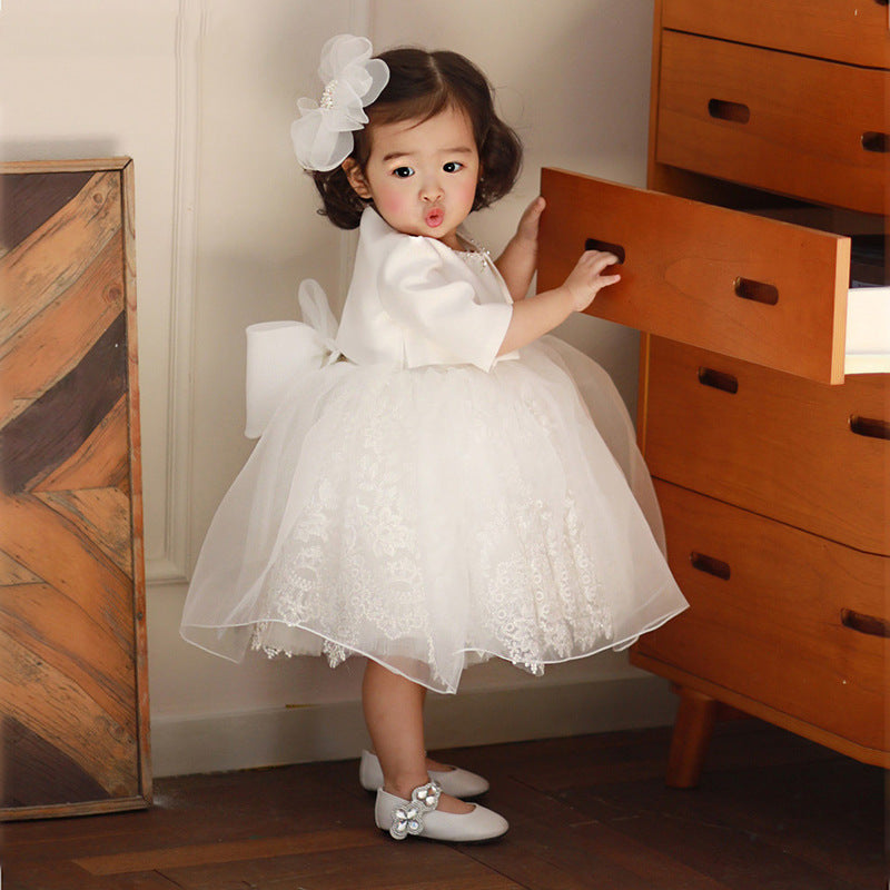 Baptism Dresses Baby Girl White Puffy Bow Birthday Party Girl Formal  Princess